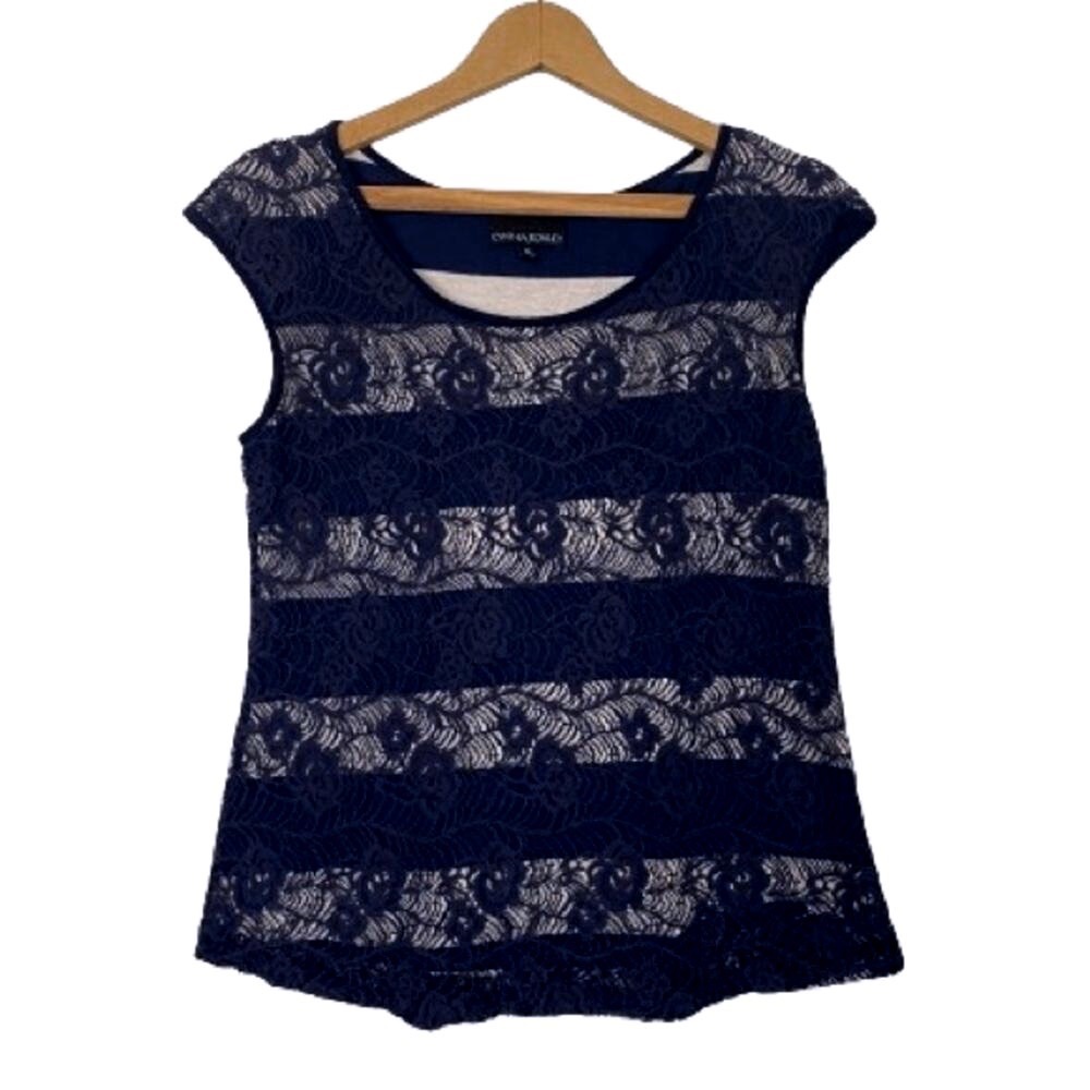 Cynthia Rowley Romantic Navy Blue Floral Lace Striped Cap Sleeve Top Women's M